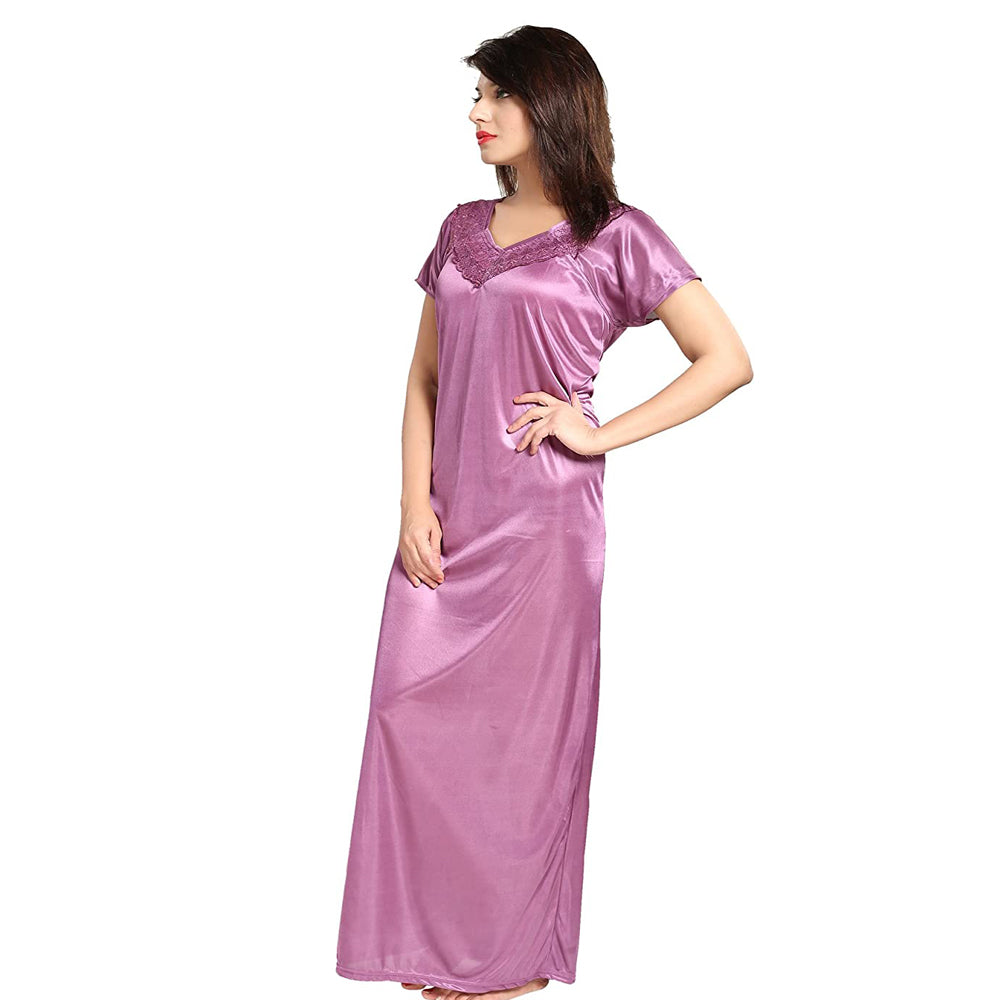 "Comfy" Purple Satin Half Sleeves Full Length Nighty